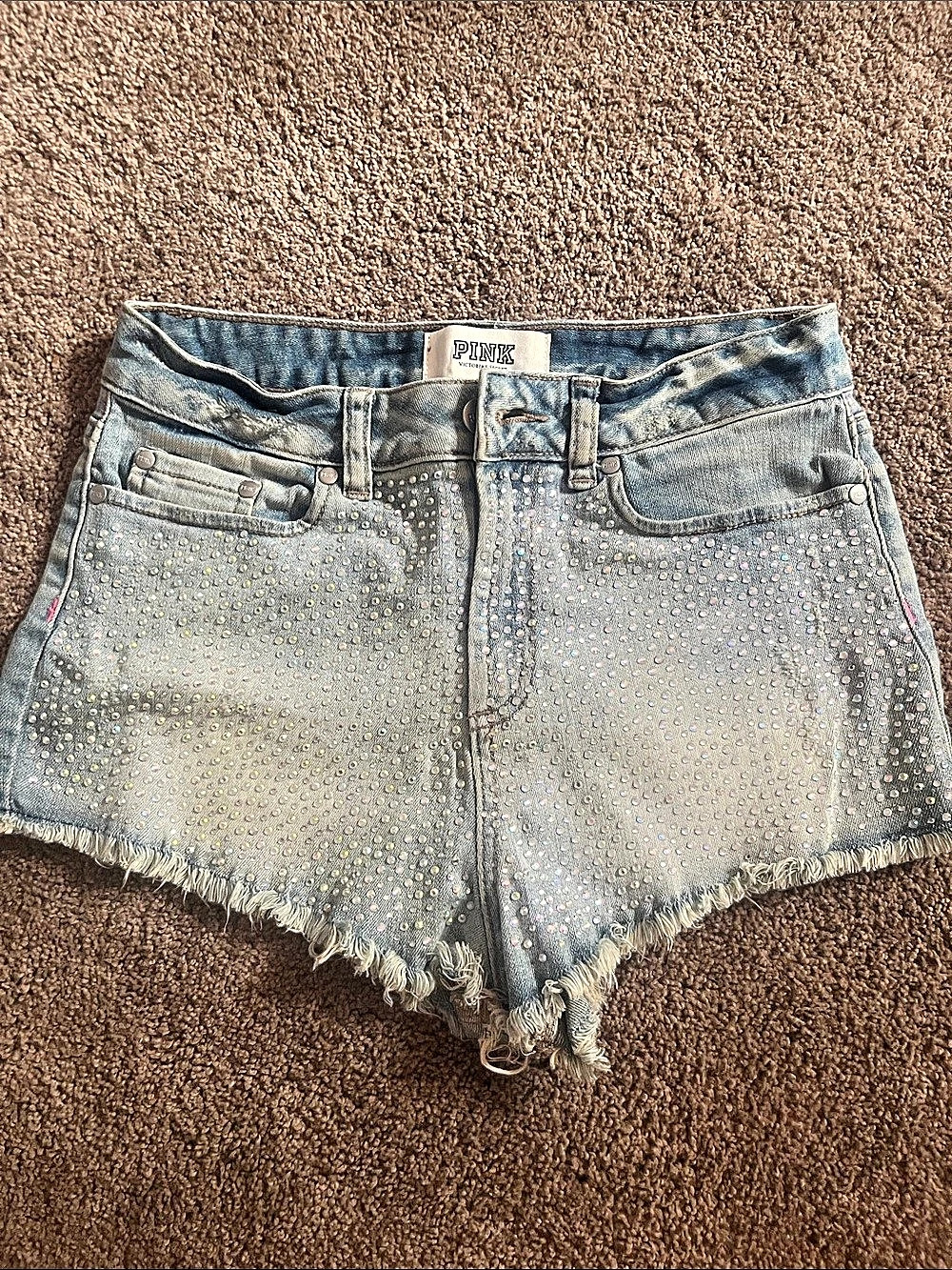 PINK Rhinestone Distressed Jean Shorts in Blue Size 4